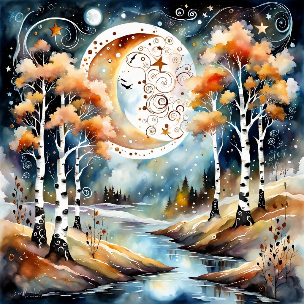 Birches, Natasha Wescoat and Willem Haenraets, moon, stars like diamonds, creeping fog with (swirls and spirals of liqui...