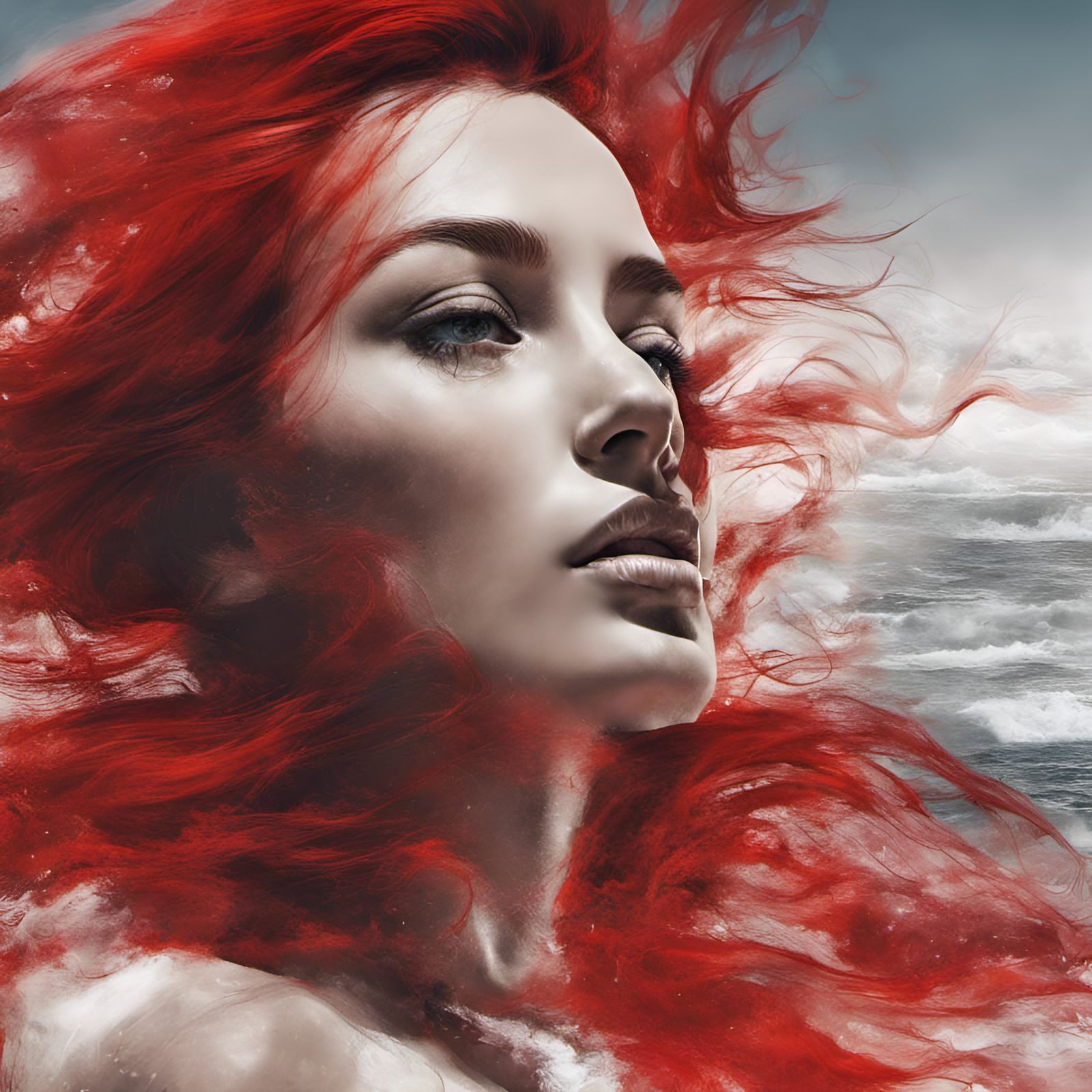 Surreal Girl Face with Double Exposure Winter Beach