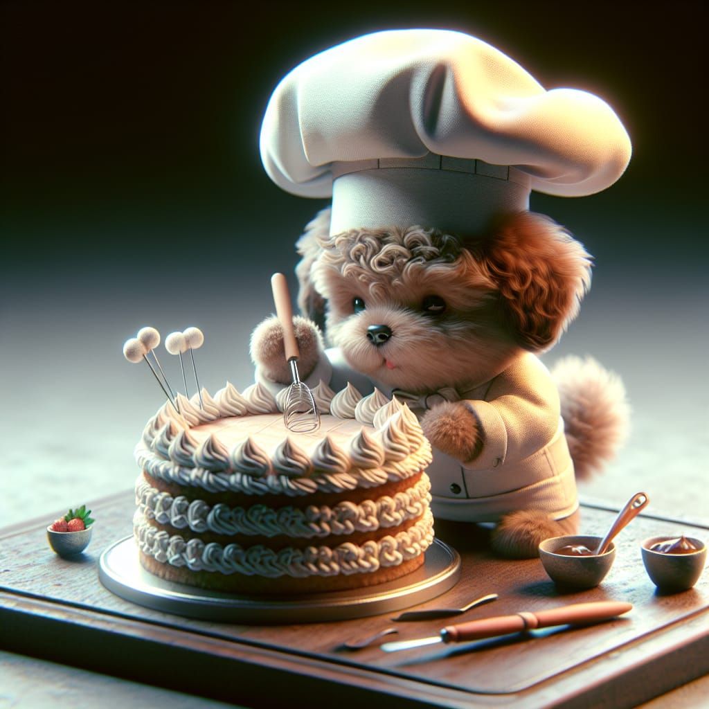 Chef Puppy Decorating Cake: Detailed 3D Concept Art