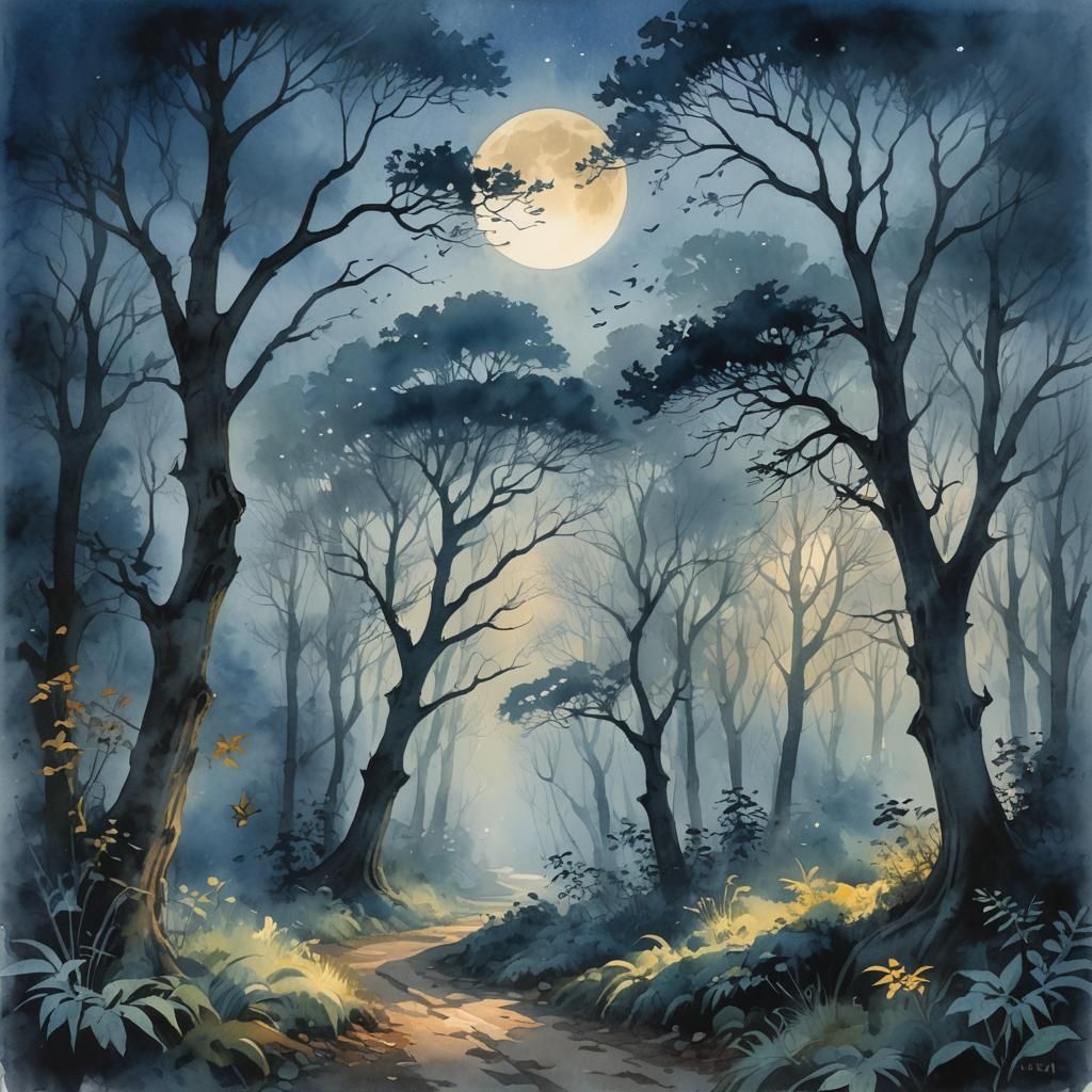 Mystical Forest: Fauvist Watercolor Painting at Dusk