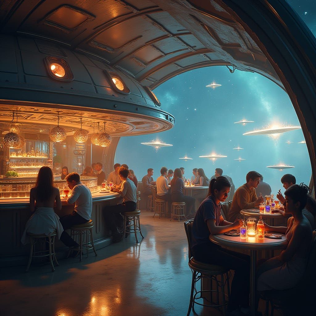 Hyperrealistic Space Cafe in Flying Saucer with Interstellar...