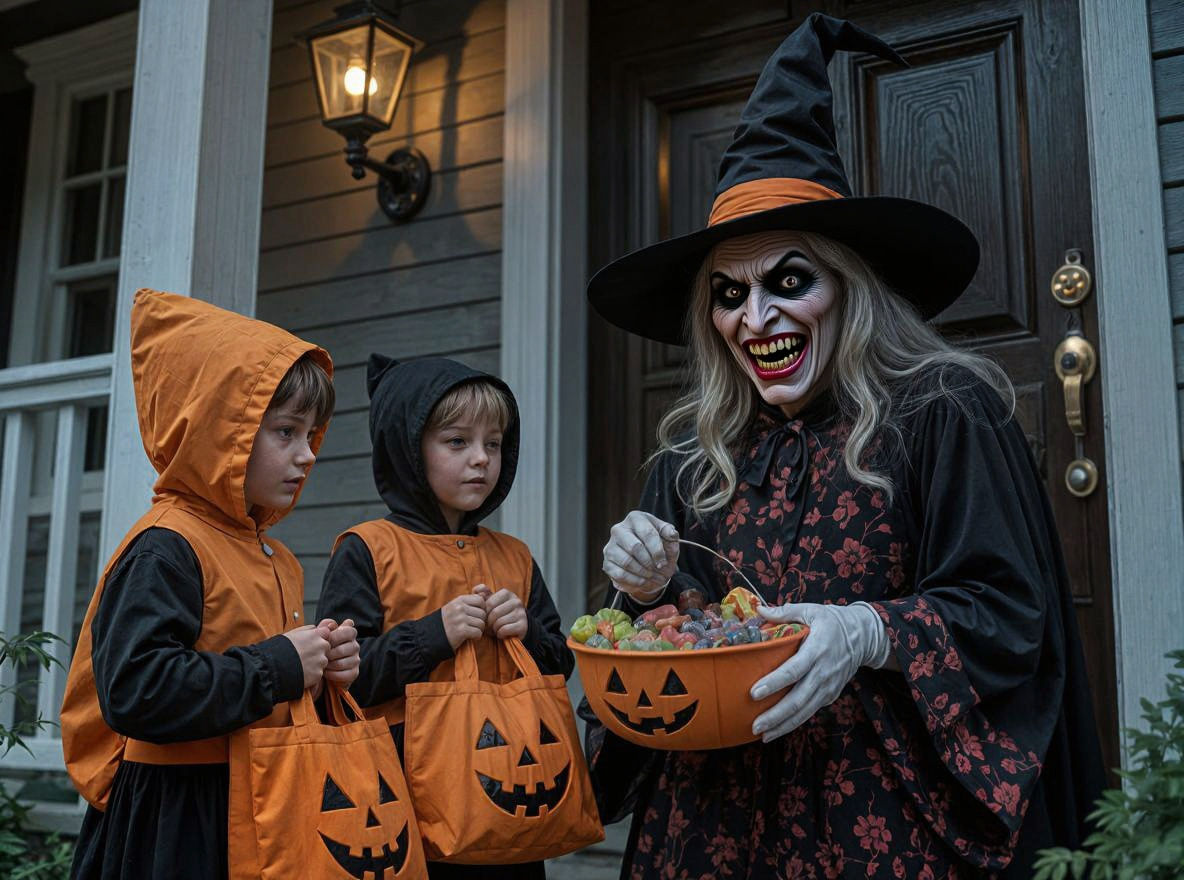 Eerie Witch Greets Trick-or-Treaters in Cinematic Film Still