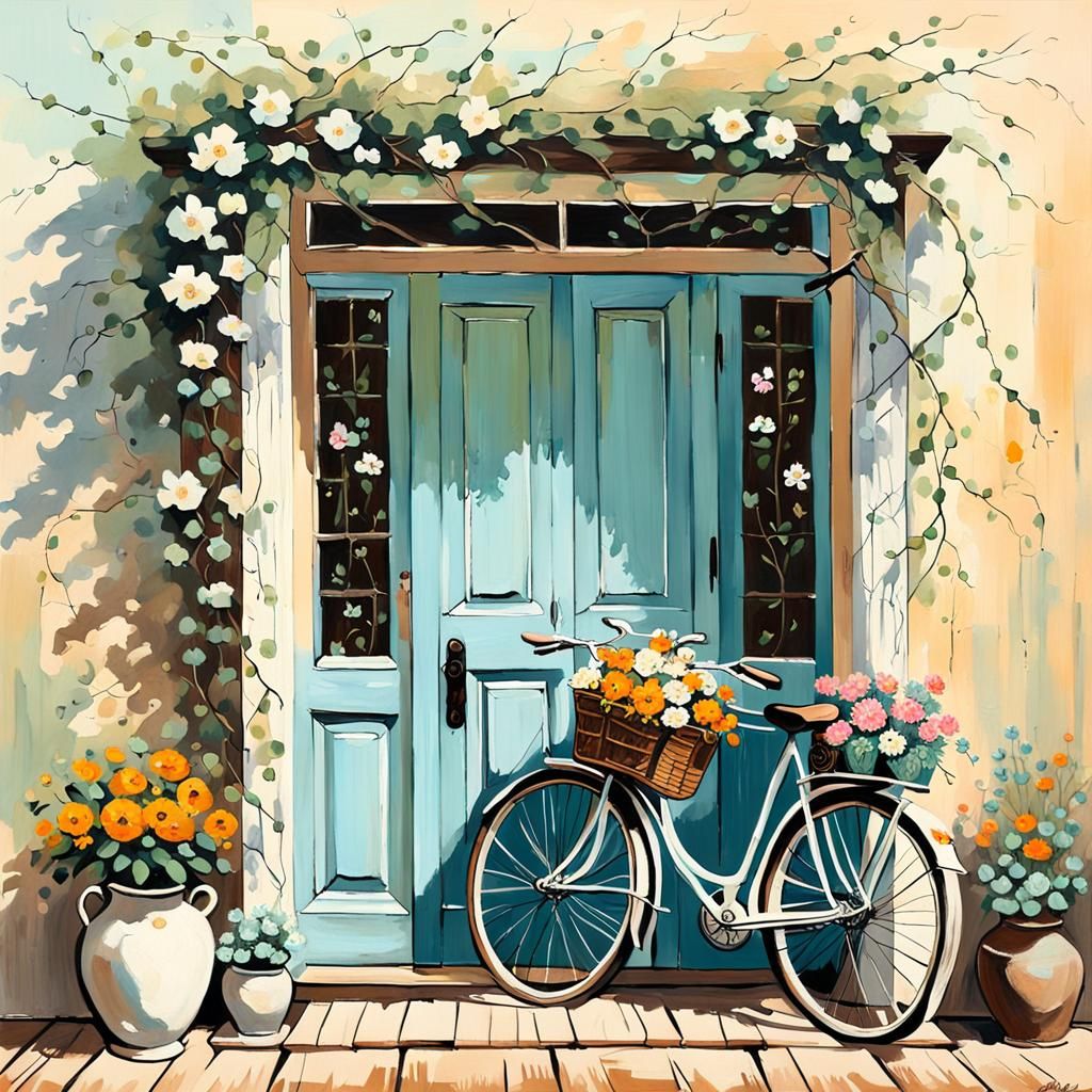 Vintage Bicycle at Doorway, Impressionist Oil Painting