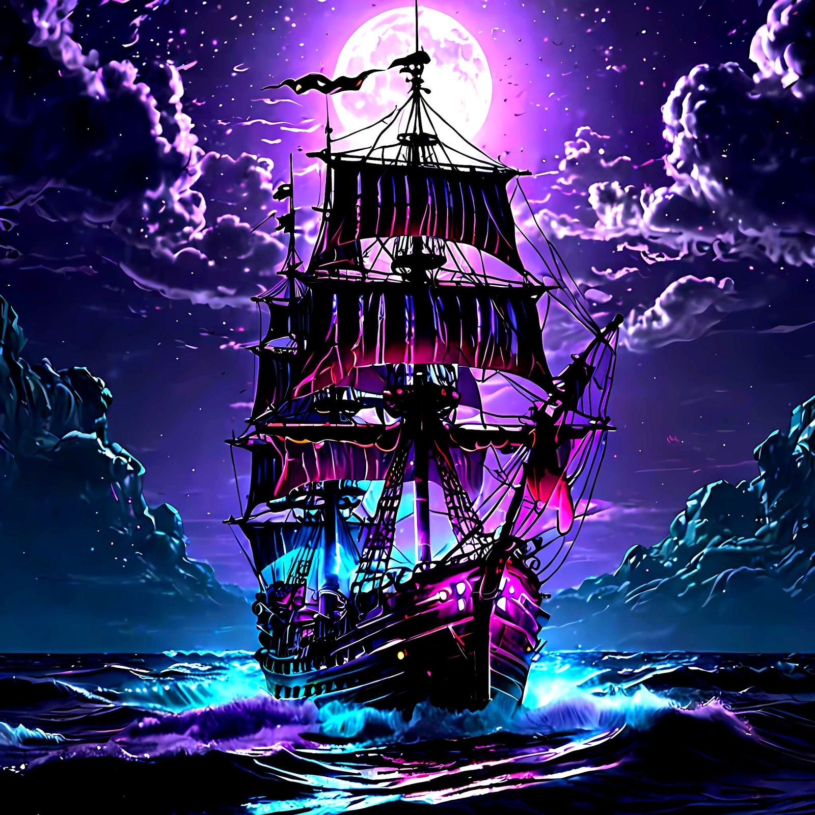 Futuristic Bioluminescent Pirate Ship in Dieselpunk Style