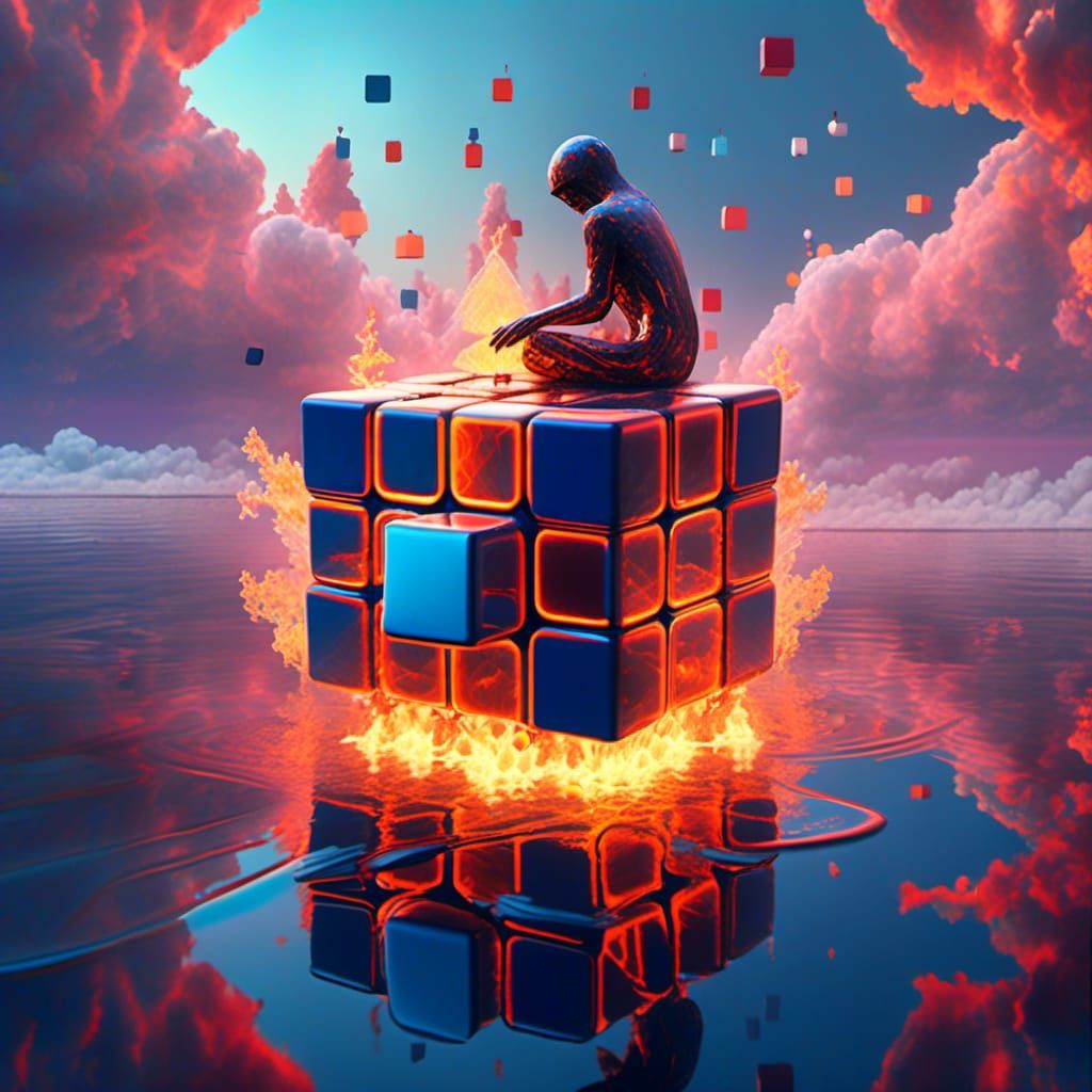Rubik's Cube on Water in Cubo-Futurist Style
