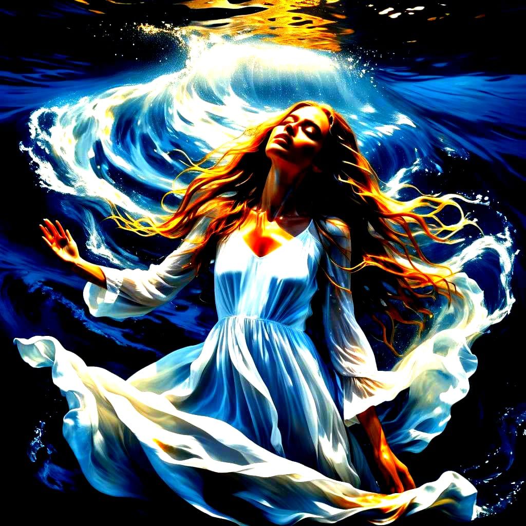 Woman Drowning in Dark Sea: 3D Render