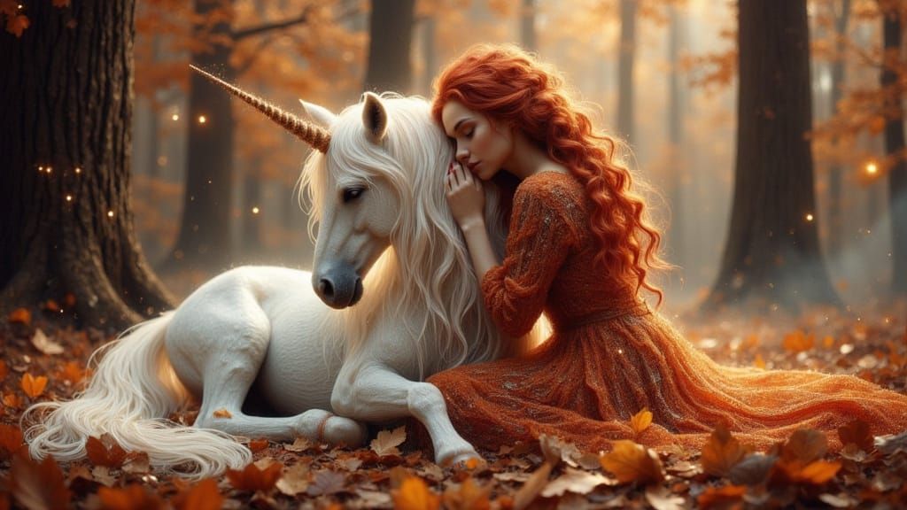 Magical Autumn Woman Hugging Unicorn in Forest
