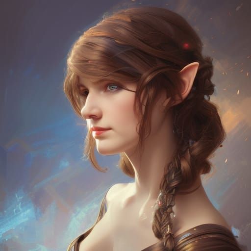 Smiling Elf Woman in Blue Dress, Detailed Portrait