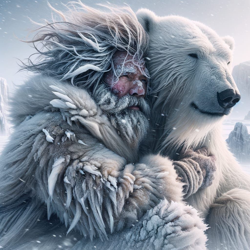 Inuit Man Braves Blizzard with Majestic Polar Bear