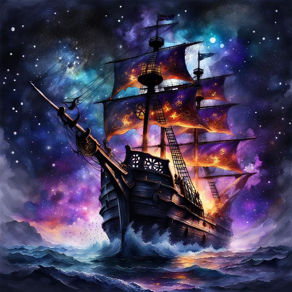Flaming Pirate Ship Sails a Starry Sea