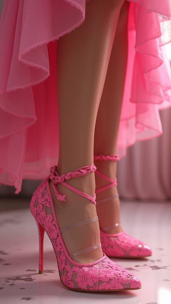 Glamorous Stiletto Heels with Intricate Pink Lace