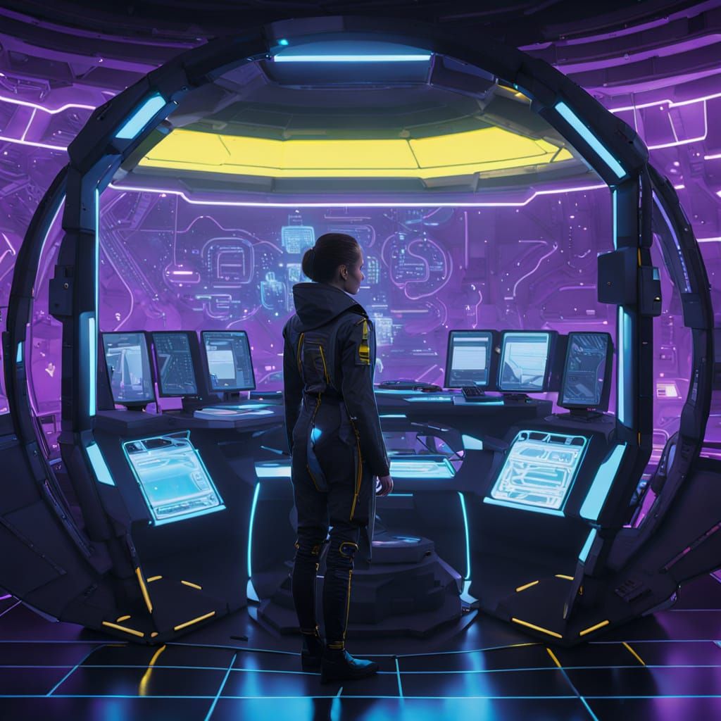 Cyberpunk concept art. Medium shot. A sleek, high-tech time machine, the ChronoGate, with a female scientist, Dr. Mara E...