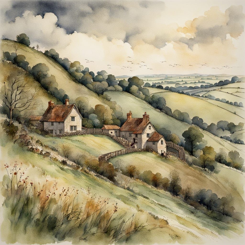 Idyllic British Hillside in Watercolour Style