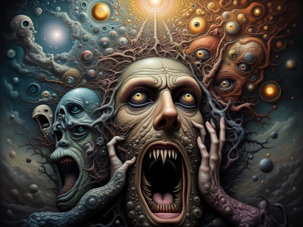 Fractal-Faced Man Tormented by Expressive Faces