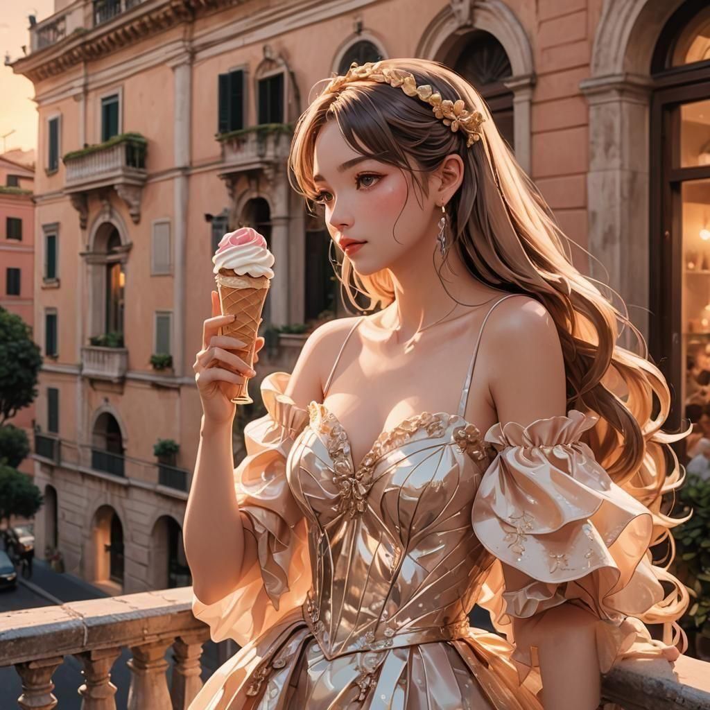 Elegant Woman Licking Ice Cream, Anime Art