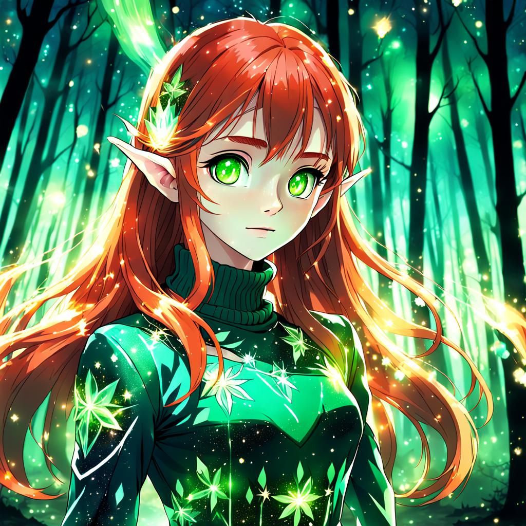 Anime Elf in Magical Forest