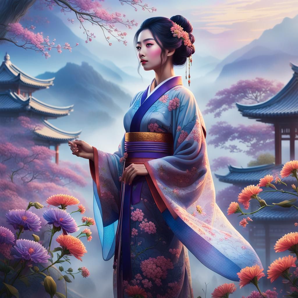Woman in Kimono Among Flowers: Fantasy Concept Art