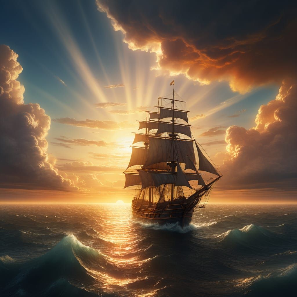 Lone Ship Sails Towards Vibrant Horizon