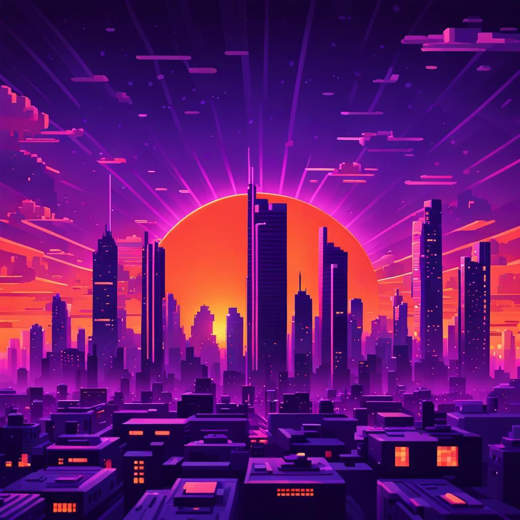 Retro-Futuristic Pixel Art Cityscape with Bitcoin Symbol