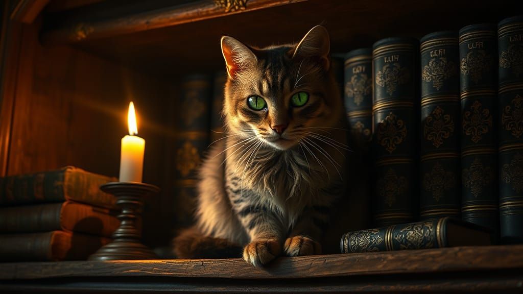 Majestic Green-Eyed Cat in Moody, Dreamlike Setting