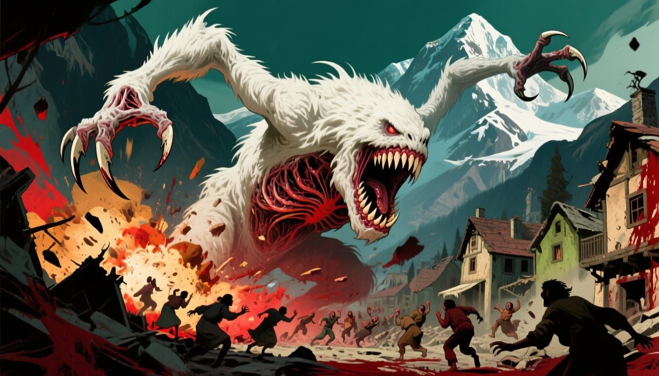 Colossal Hairy Monster Attacks Mountain Village in Fantasy A...