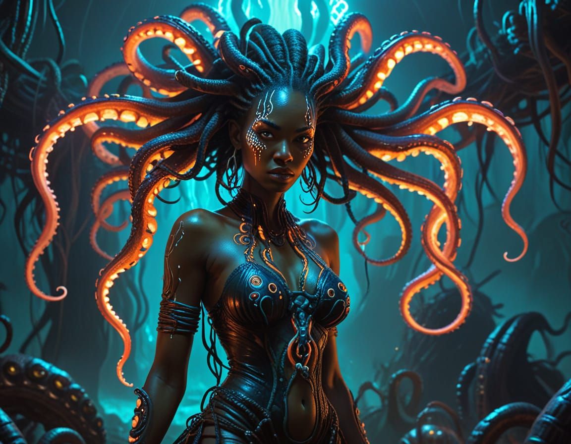 Lovecraftian Glowing Neon Horror: Tentacles Capture Beauty