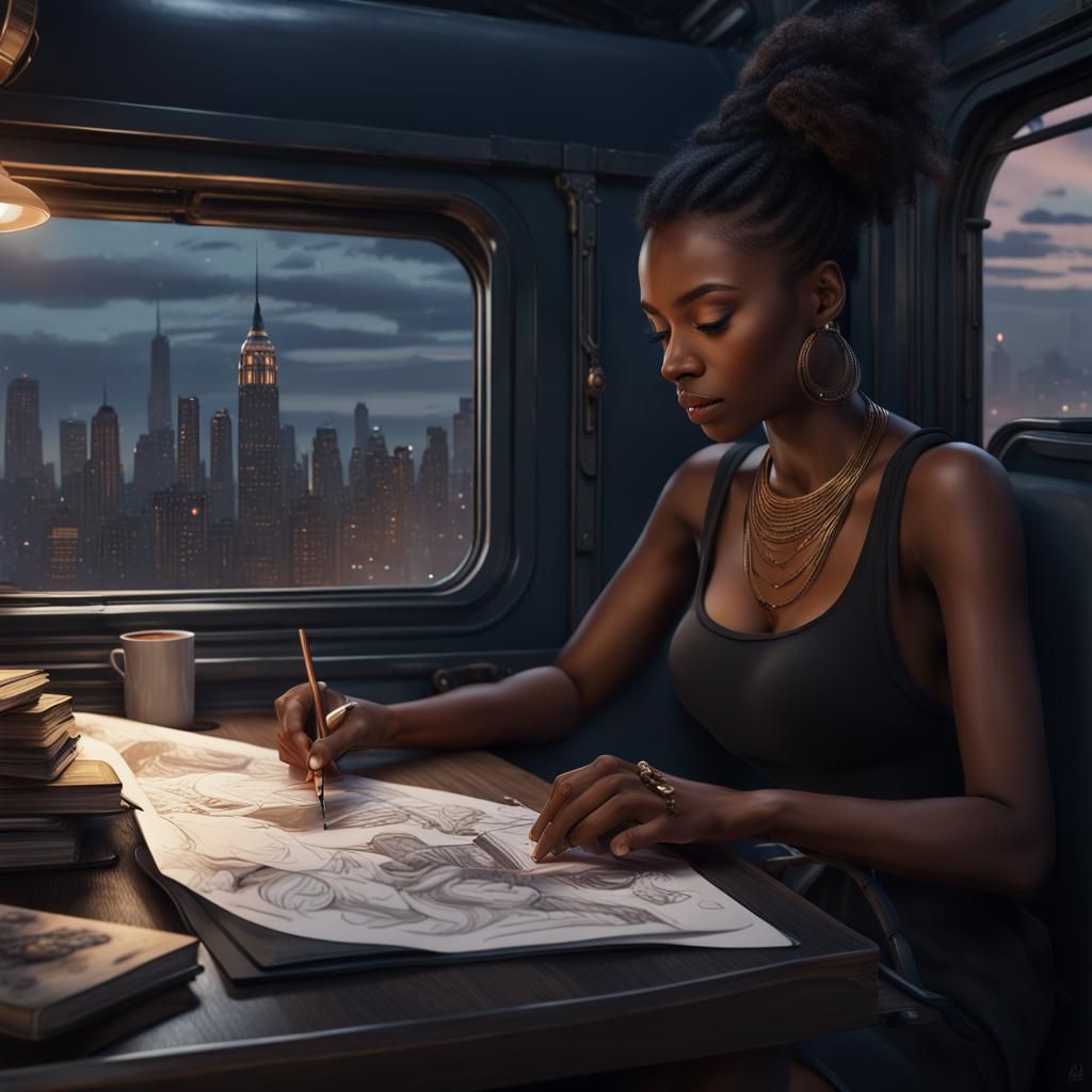 Young Woman's Night Train Journey, Detailed Matte Painting