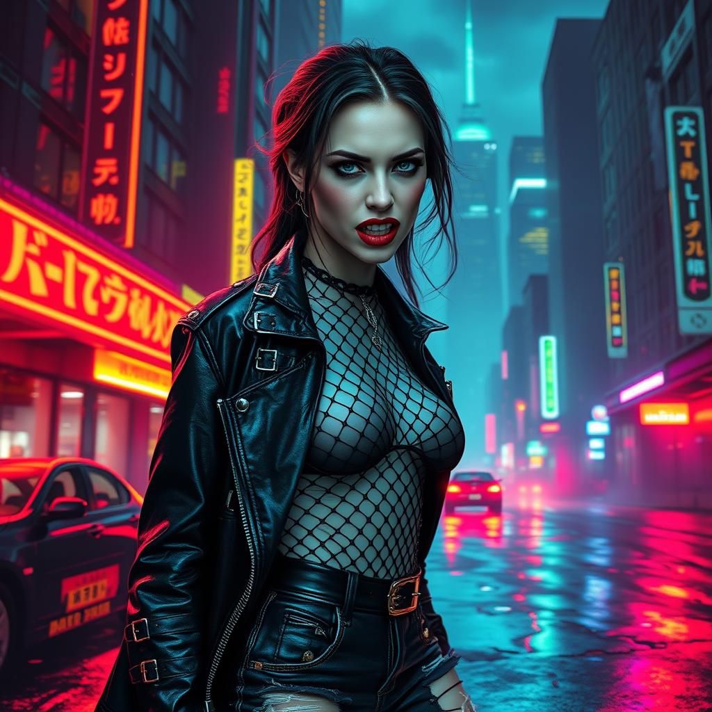 Synthwave Vampire in Dystopian Cityscape
