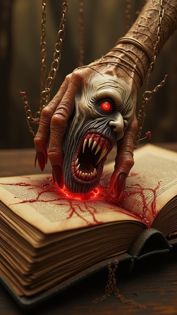 Possessed Hand Emerges from Book of the Dead