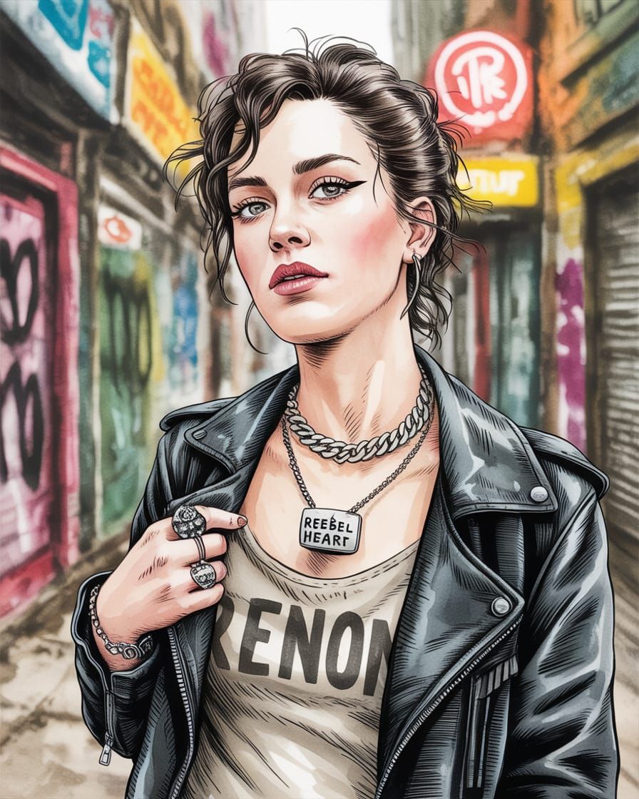 Grunge Woman Portrait in Watercolor and Ink Style