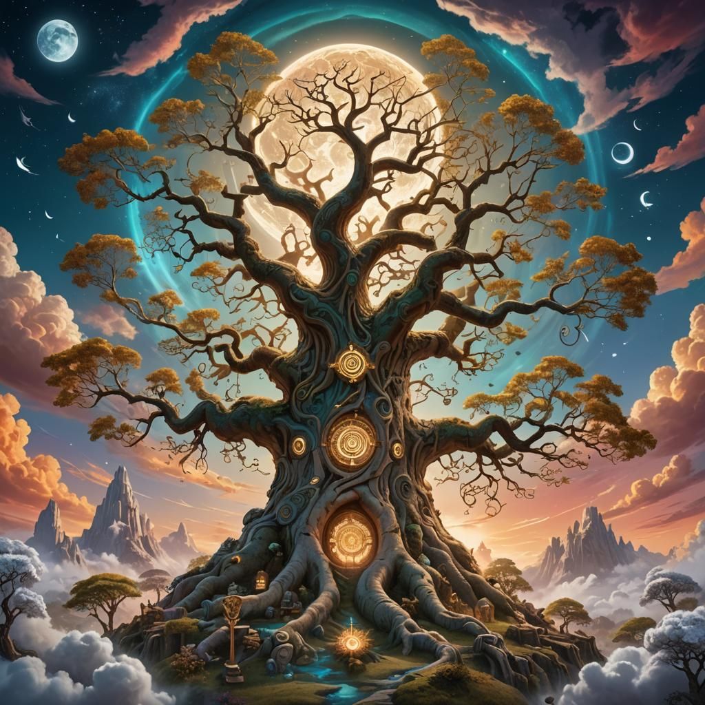 Mystical Tree with Runes in Fantasy Landscape