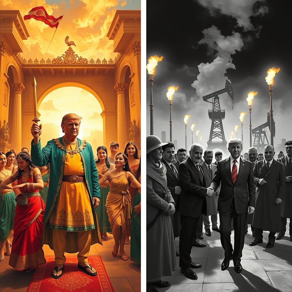 Surreal Split Image: Trump Amidst Ancient Persian Culture vs...