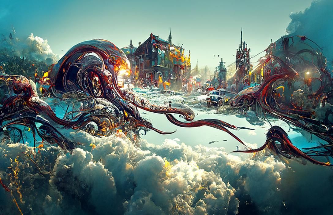 Giant Cyber Squid Tentacles: Digital Illustration