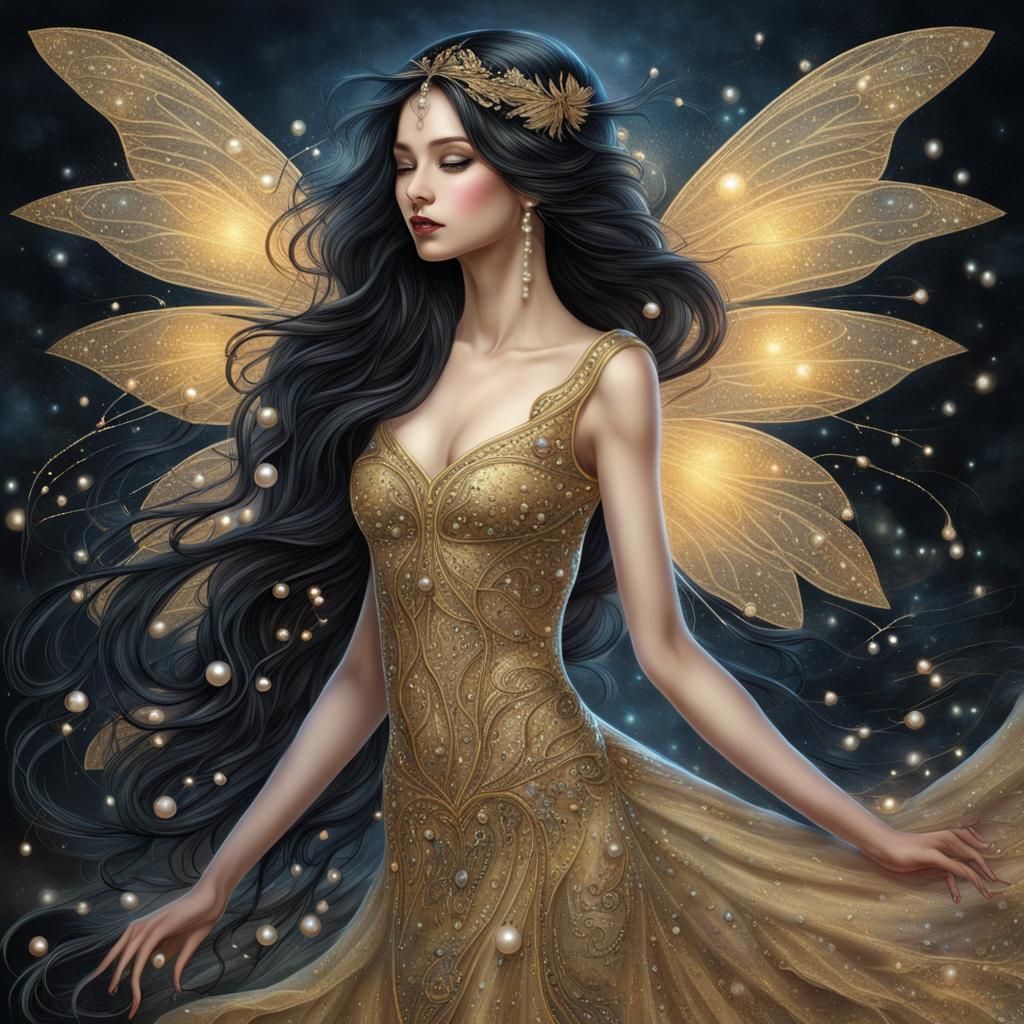 Beautiful Fairy with Golden Dress and Glass Wings