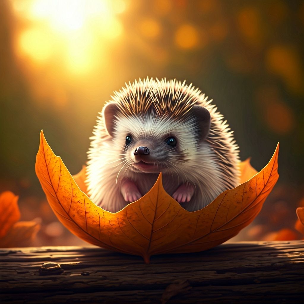 Baby Hedgehog in Autumn Leaf, Hyper-Realistic Detail