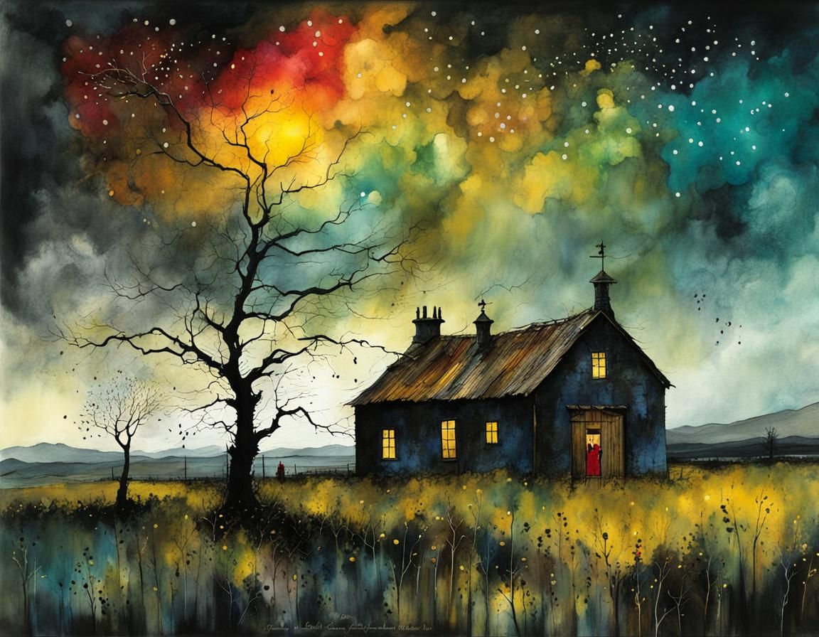 Whimsical Lightning Storm Illustration in Alcohol Inks