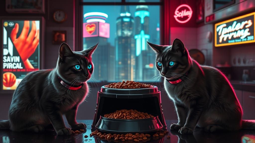 Cyberpunk Cats in a Futuristic, Rain-Soaked Kitchen