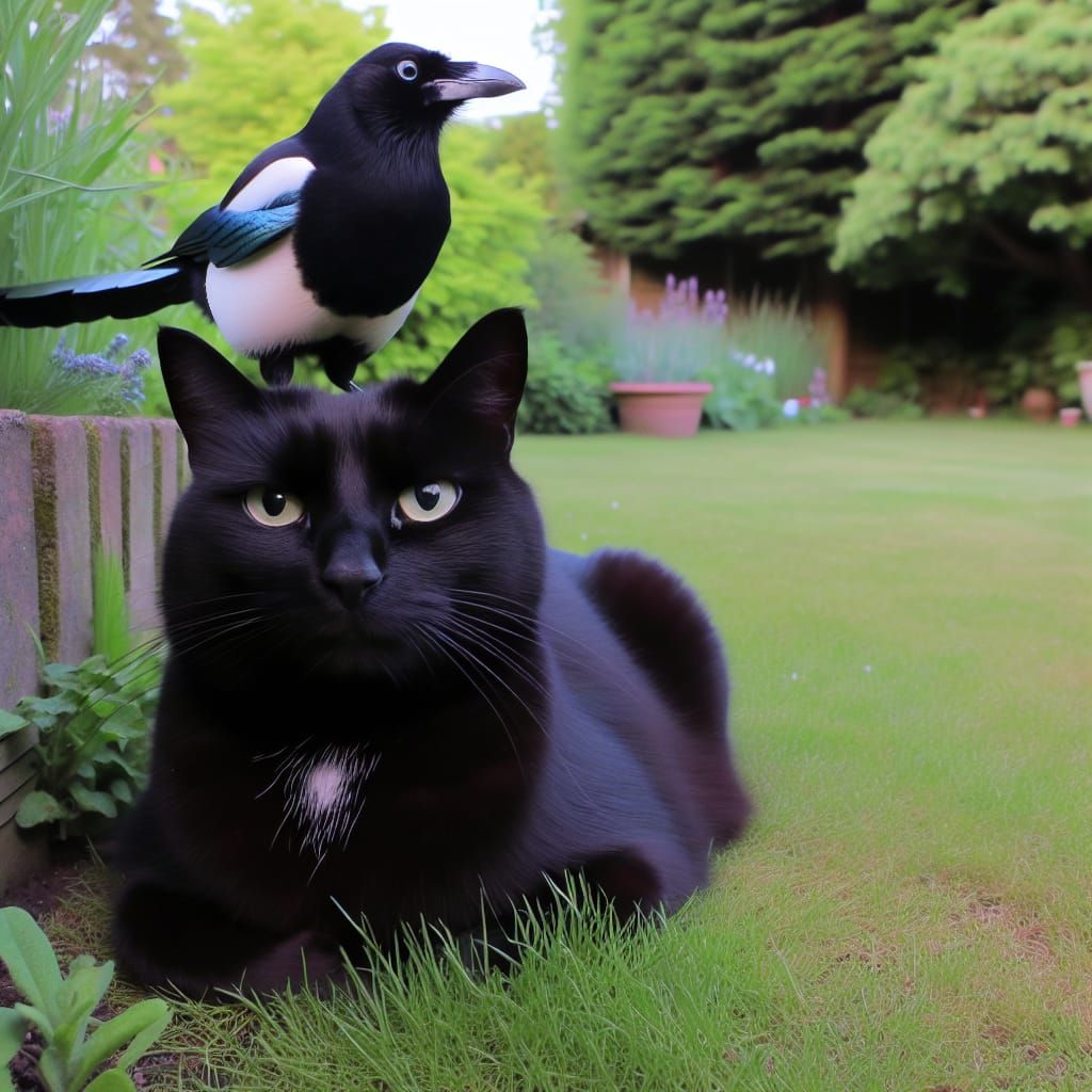 Concerned Black Cat with Magpie in Garden