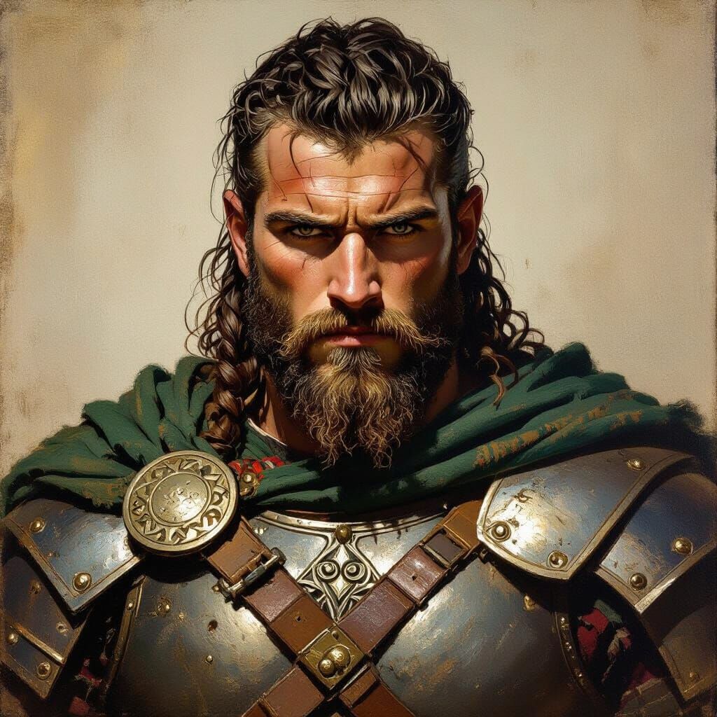 Celtic Warrior Determination in Historical Oil Painting