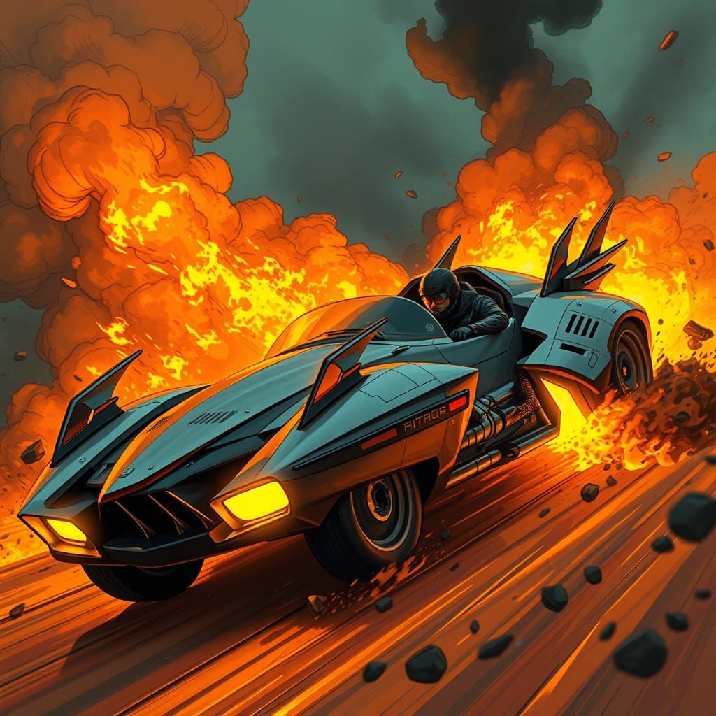 Cyberpunk Armoured Car Charging into Inferno