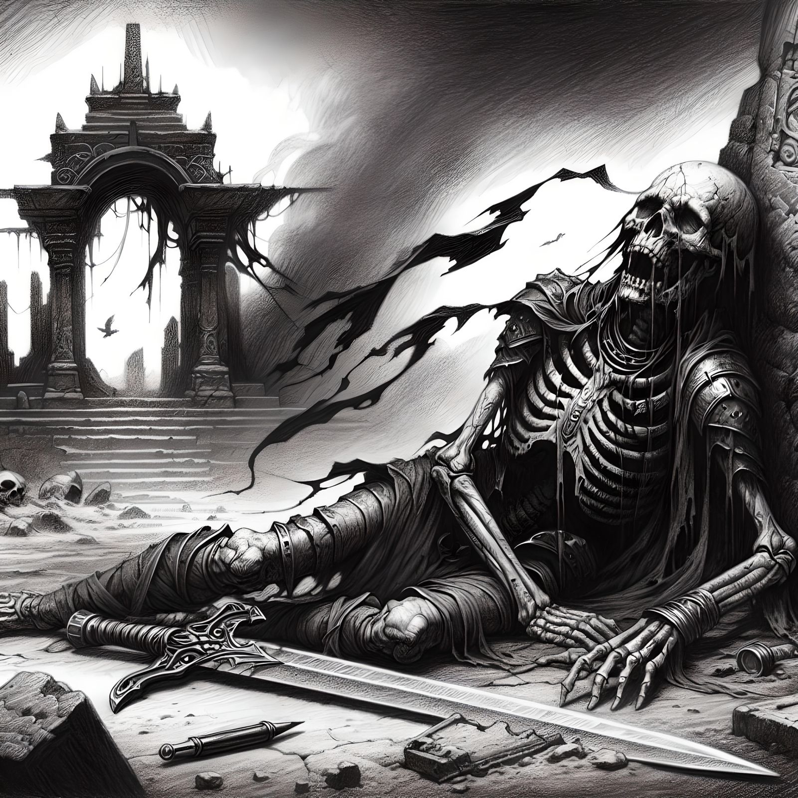 Dark Fantasy Skeleton Warrior in Pencil Sketch