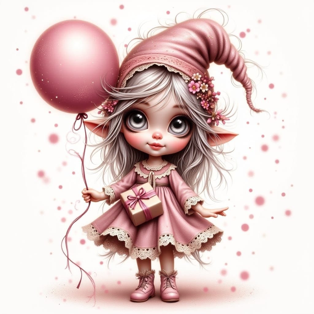 Whimsical Birthday Gnome with Pink Balloon and Gift