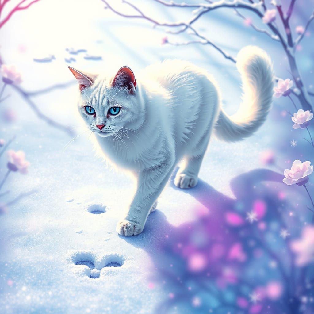 Luminous Winter Cat in Whimsical Dreamlike Style