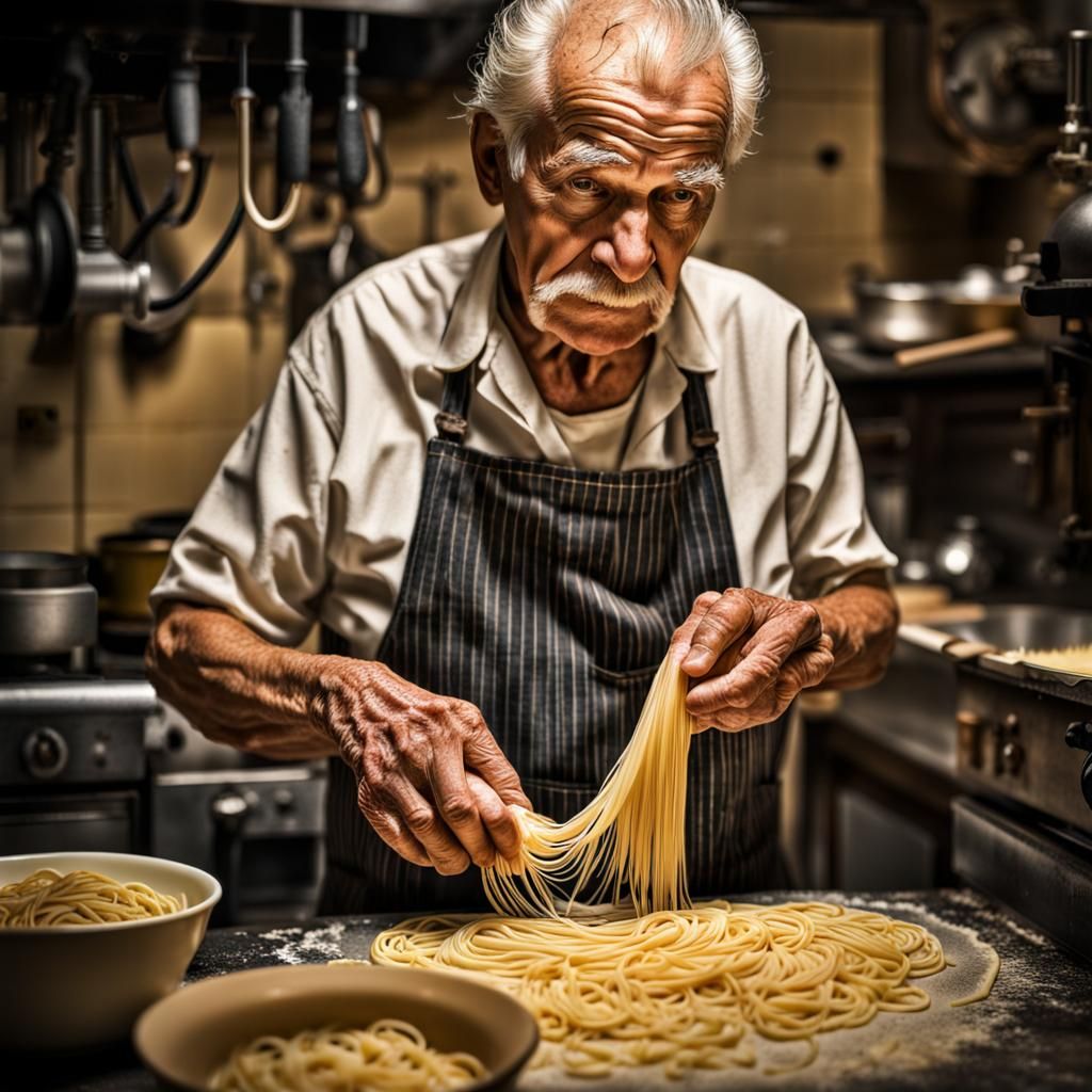 Hyperrealistic Old Man Making Pasta in Italian Kitchen