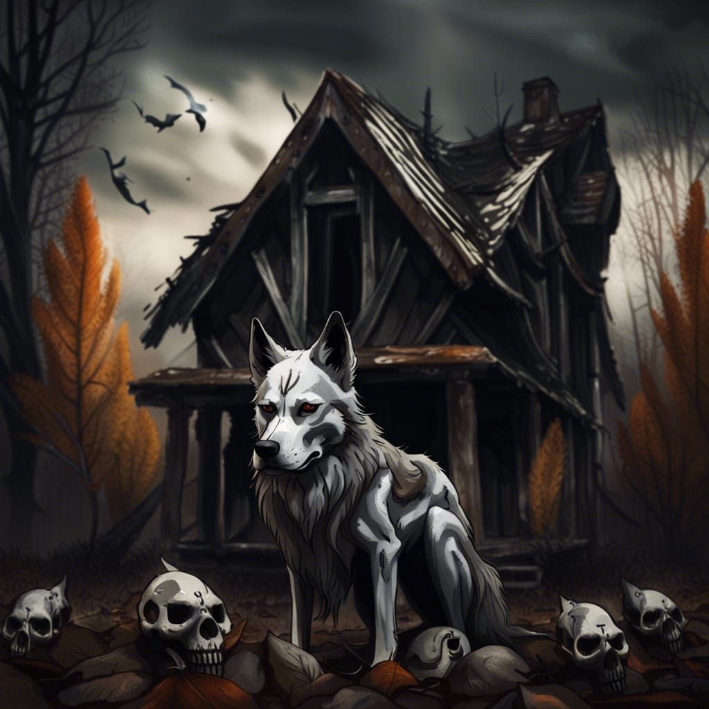 Autumn Abandoned House with Wolfdog and Skulls