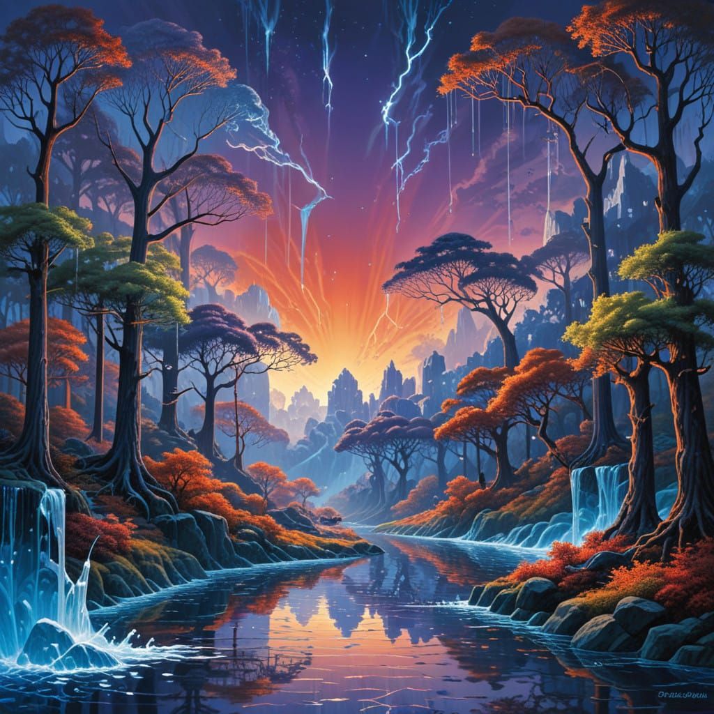 Surreal Forestscape in Vibrant Colors, Inspired by Roger Dea...