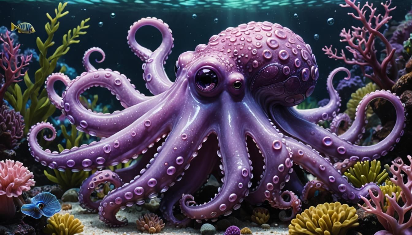 Hyper-Realistic Purple Octopus in Aquarium, 3D Rendered