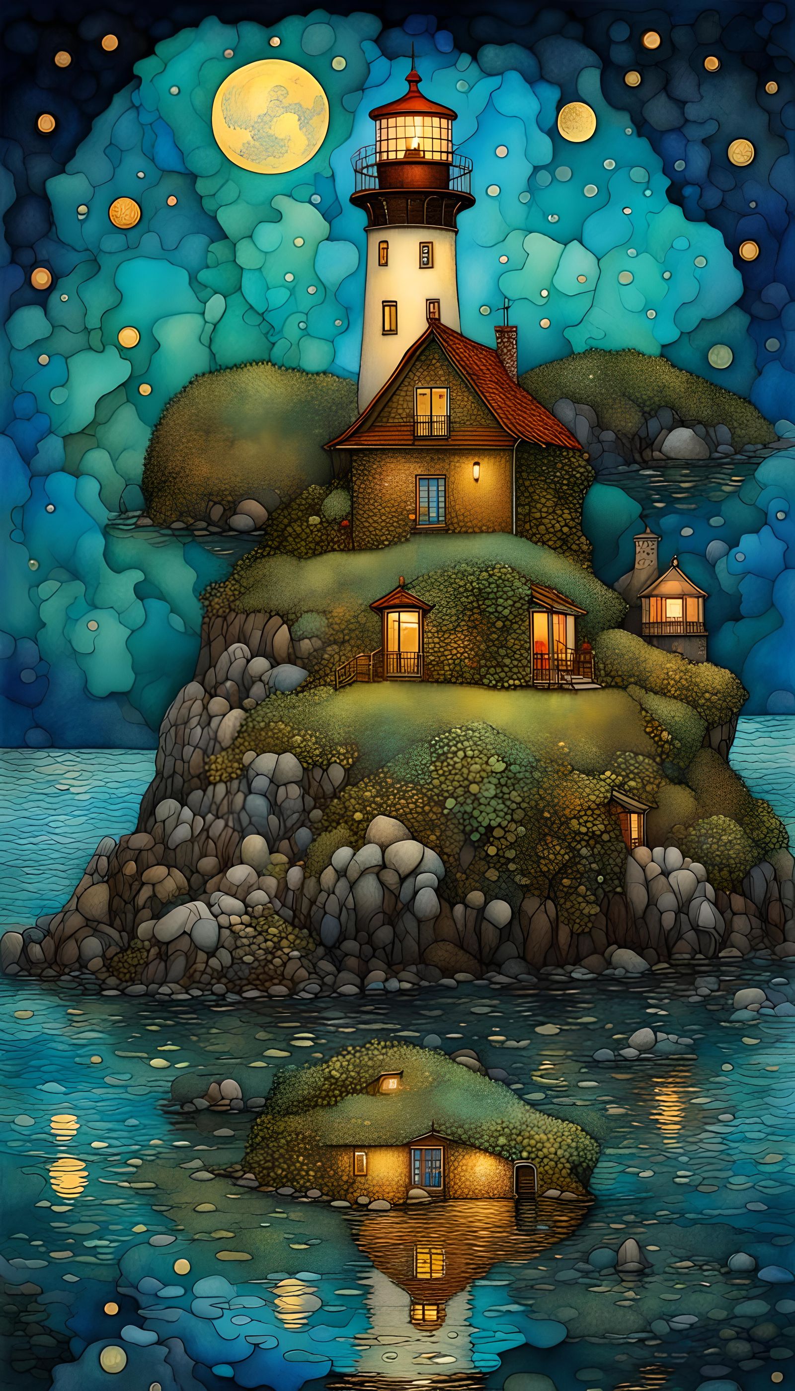 Island Lighthouse at Night in Impressionist Style