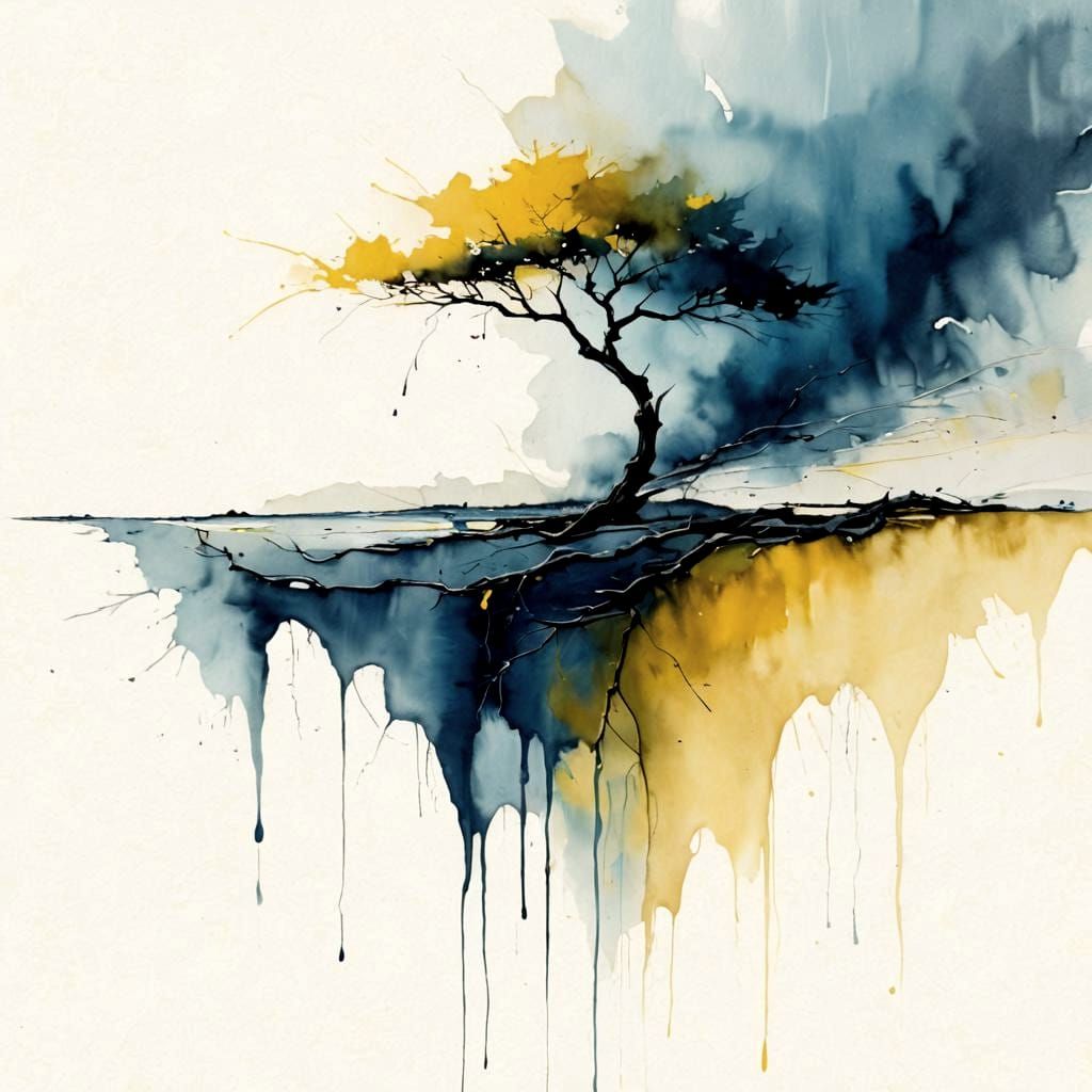 Abstract Tree Silhouette in Blue and Yellow