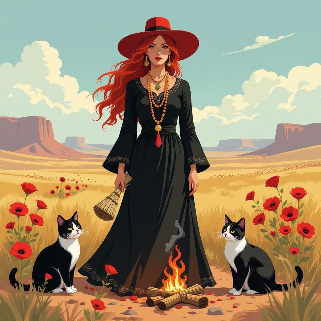 Shaman in Desert Field with Cats, Fantasy Art Style